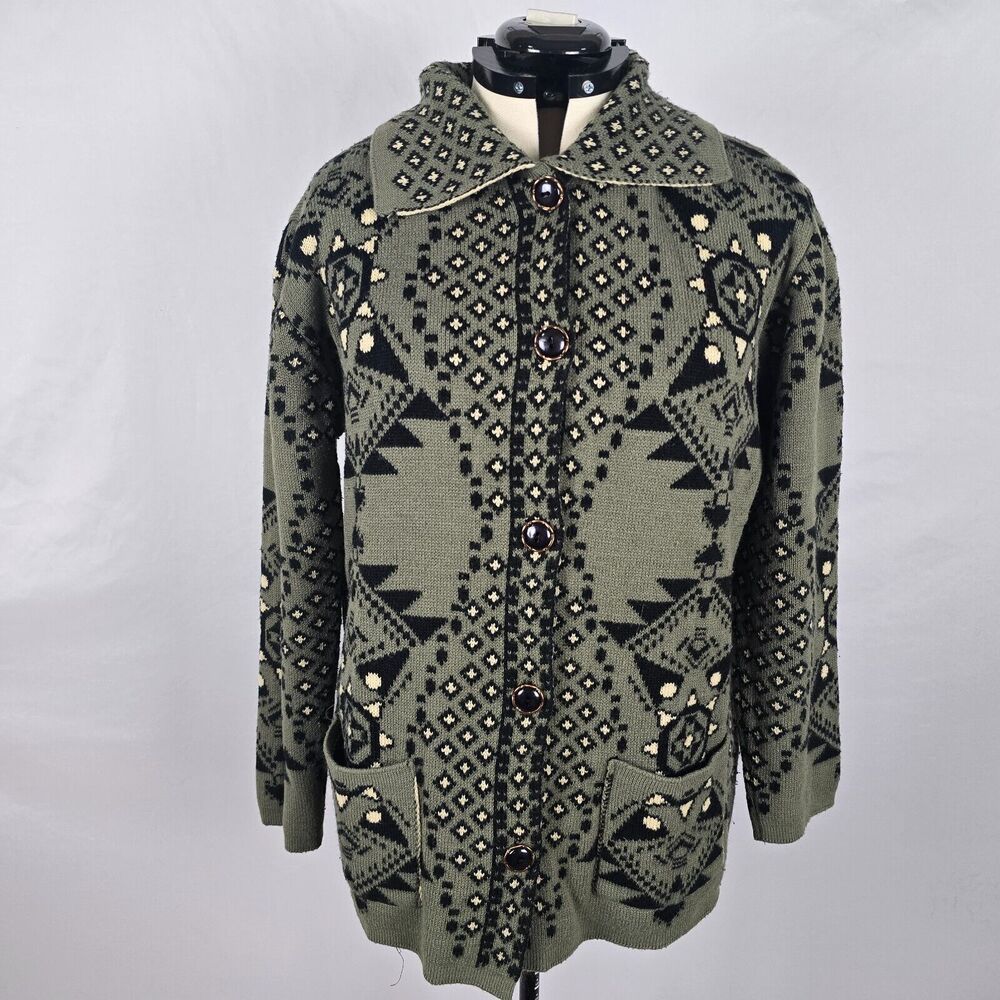 Cesar Cardigan Women's XL *** Green Black Tan Button Up Collar Long Sleeve